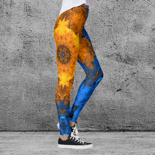 Psychedelische Kaleidoskop-Blume Gelb und Blau Leggings