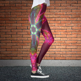 Psychedelische Kaleidoskop-Blume grün und rosa Leggings