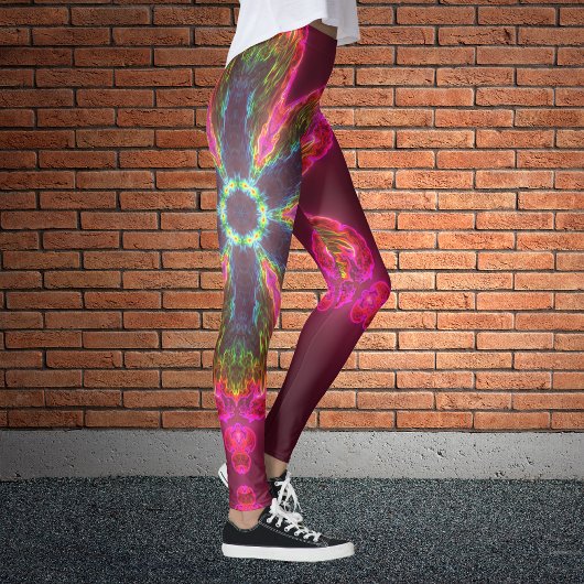 Psychedelische Kaleidoskop-Blume grün und rosa Leggings