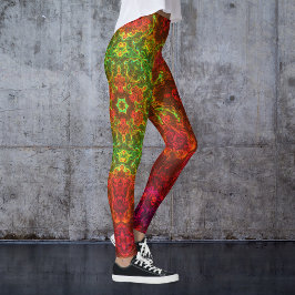 Psychedelische Kaleidoskop-Blume Grün und Rot Leggings