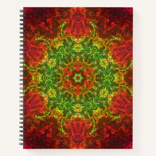 Psychedelische Kaleidoskop-Blume Grün und Rot Notizblock (Vorderseite)