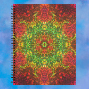 Psychedelische Kaleidoskop-Blume Grün und Rot Notizblock