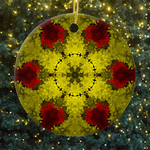 Psychedelische Kaleidoskop-Blume Rot und Gelb Keramik Ornament