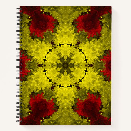 Psychedelische Kaleidoskop-Blume Rot und Gelb Notizblock (Vorderseite)