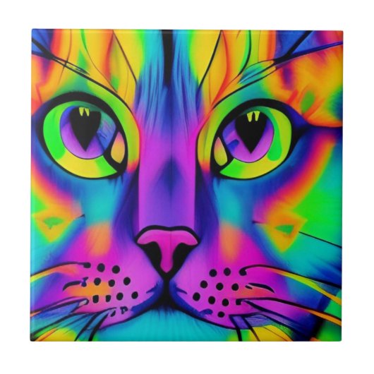 Psychedelische Katze bunt lila Fuschia grün Fliese (Vorderseite)