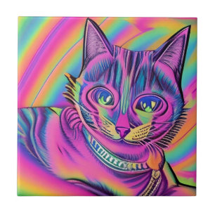 Psychedelische Katze farbig lila Fuchsiengelb Fliese