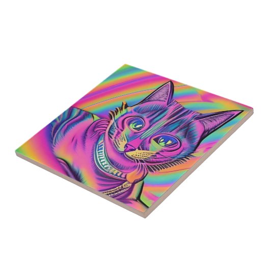 Psychedelische Katze farbig lila Fuchsiengelb Fliese (Seite)