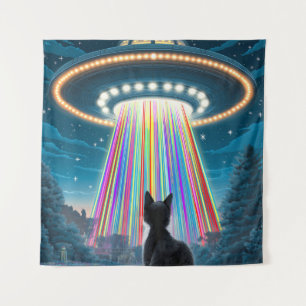 Psychedelische Katze & UFO Lustige Alien-Abducti Wandteppich
