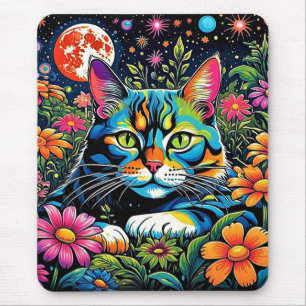 Psychedelische Katze unter Blume Mousepad
