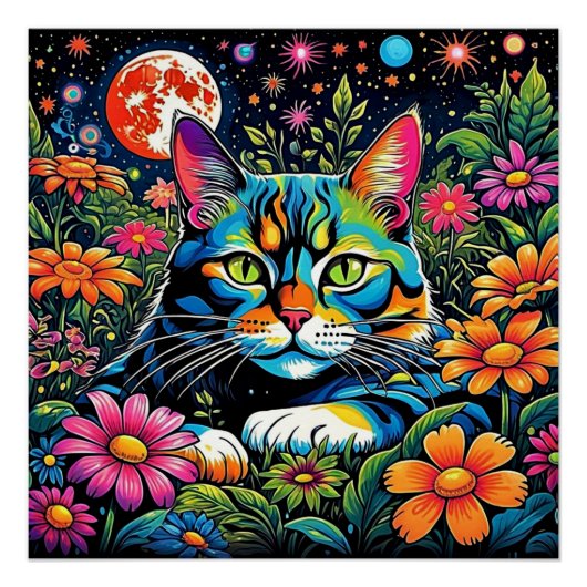 Psychedelische Katze unter Blume Poster (Vorderseite)