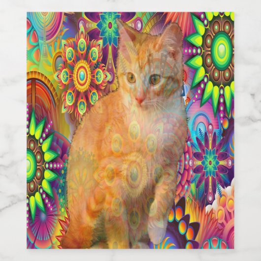 Psychedelische Katze Weinflasche, Gefärbte Krawatt Weinetikett (Einzelnes Label)
