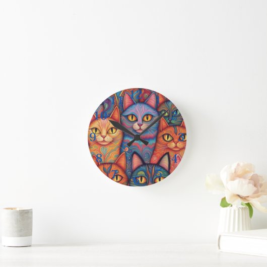 Psychedelische Katzen. Hippy, Bohemisch, BoHo Runde Wanduhr (Zuhause)