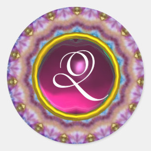PSYCHEDELISCHE KREISE MONOGRAMM blau türkis rosa Runder Aufkleber