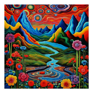 Psychedelische Landschaft mit Fluss 2 Poster