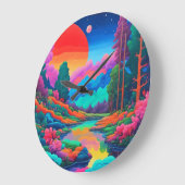 Psychedelische Landschaft rosa grüne Kunst Große Wanduhr (Winkel)