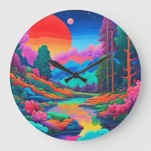 Psychedelische Landschaft rosa grüne Kunst Große Wanduhr