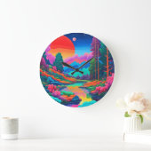 Psychedelische Landschaft rosa grüne Kunst Große Wanduhr (Zuhause)