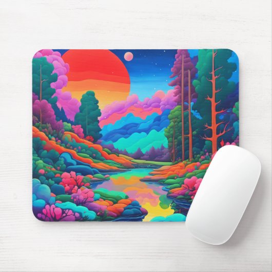 Psychedelische Landschaft rosa grüne Kunst Mousepad (Mit Mouse)