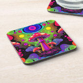 Psychedelische lebendige farbenfrohe Retro-Pilze Getränkeuntersetzer (Linke Seite)