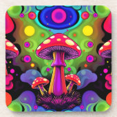 Psychedelische lebendige farbenfrohe Retro-Pilze Getränkeuntersetzer (Vorderseite)