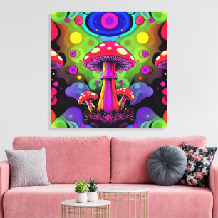 Psychedelische lebendige farbenfrohe Retro-Pilze Leinwanddruck