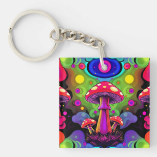 Psychedelische lebendige farbenfrohe Retro-Pilze Schlüsselanhänger