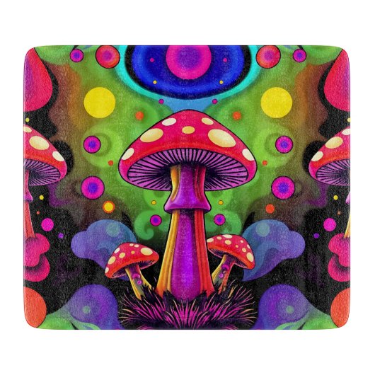 Psychedelische lebendige farbenfrohe Retro-Pilze Schneidebrett (Vorderseite)