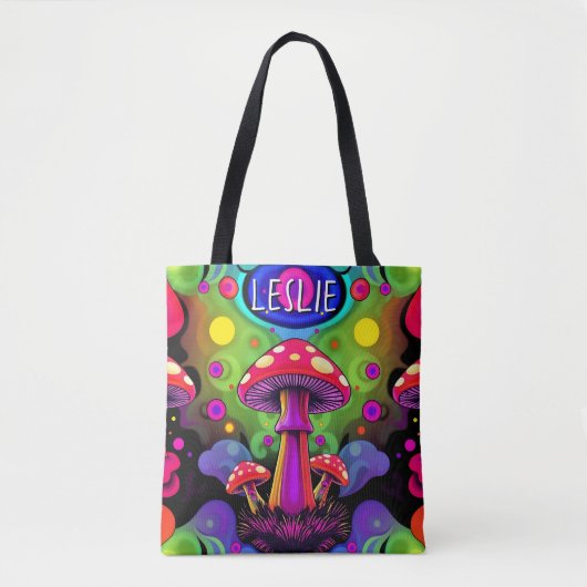 Psychedelische lebendige farbenfrohe Retro-Pilze Tasche (Vorderseite)