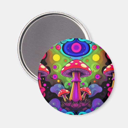 Psychedelische lebhafte farbenfrohe Retro-Pilze Magnet (Vorderseite/Rückseite)