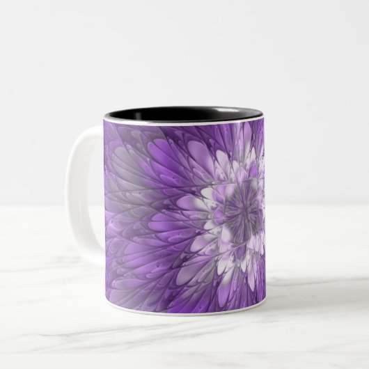 Psychedelische Lila Blume Abstraktes Fraktal Kunst Zweifarbige Tasse (Vorderseite Links)