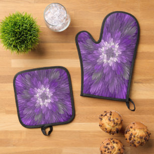 Psychedelische lila Blumen-Abstract-Fraktal-Kunst Ofenhandschuh & Topflappen-Set