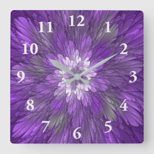 Psychedelische lila Blumen-Abstract-Fraktal-Kunst Quadratische Wanduhr