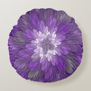 Psychedelische lila Blumen-Abstract-Fraktal-Kunst Rundes Kissen