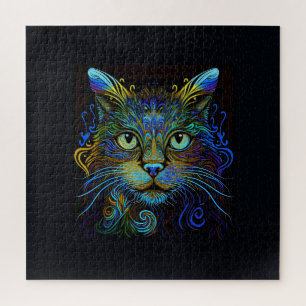Psychedelische Maine Coon Katze in Blau Puzzle