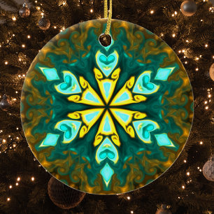 Psychedelische Mandala-Blume Aquamarin und gelb Keramik Ornament