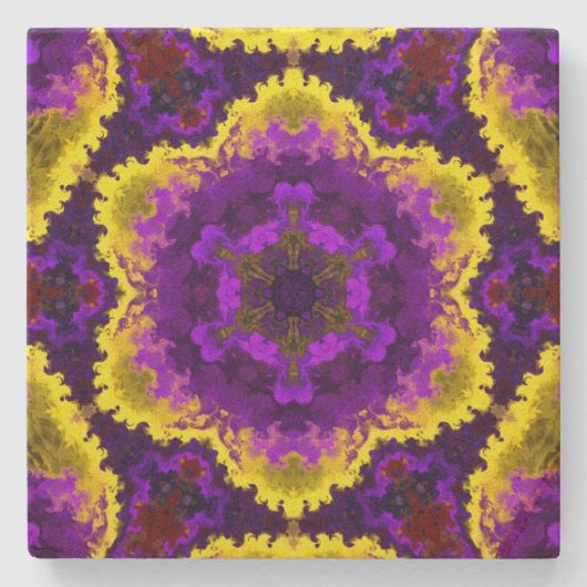 Psychedelische Mandala-Blume Gelb und Lila Steinuntersetzer (Vorderseite)