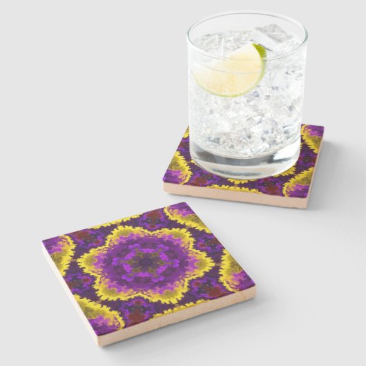 Psychedelische Mandala-Blume Gelb und Lila Steinuntersetzer (Seitenansicht)