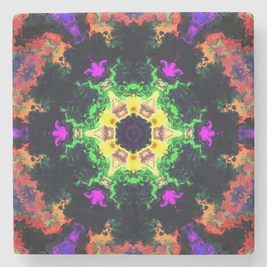Psychedelische Mandala Blume Grün Lila und Gelb Steinuntersetzer (Vorderseite)