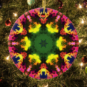 Psychedelische Mandala-Blume Rosa Gelb und Grün Keramik Ornament
