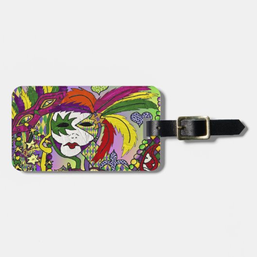 Psychedelische Mardi Gras Feder Maske Gepäckanhänger (Vorderseite horizontal)