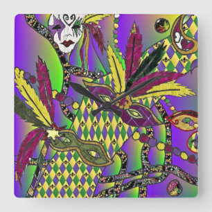 Psychedelische Mardi Gras Federmasken Quadratische Wanduhr