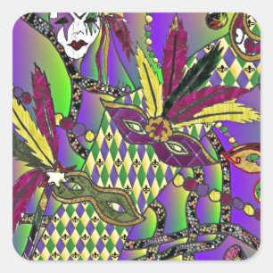 Psychedelische Mardi-Gras-Federmasken Quadratischer Aufkleber