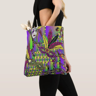 Psychedelische Mardi-Gras-Federmasken Tasche
