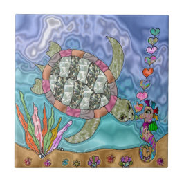 Psychedelische Meeresschildkröte-Seepferd-Kunst Fliese