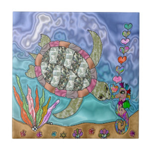 Psychedelische Meeresschildkröte-Seepferd-Kunst Fliese