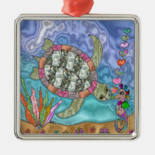 Psychedelische Meeresschildkröten-Seepferdchen-Kun Silbernes Ornament