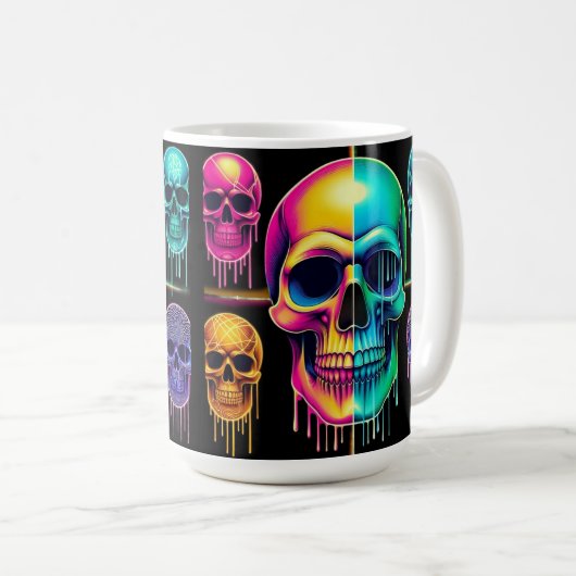 Psychedelische Neon Skulls: Eine lebendige digital Kaffeetasse (VorderseiteRechts)