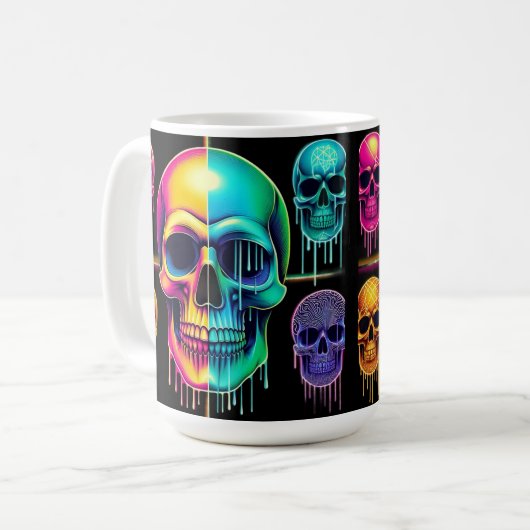 Psychedelische Neon Skulls: Eine lebendige digital Kaffeetasse (Vorderseite Links)