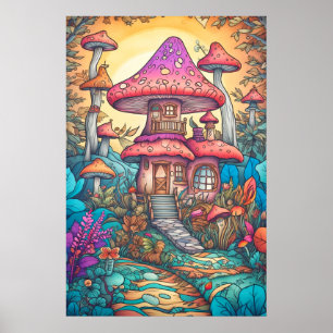 Psychedelische Pilzhütte tief im Wald Poster