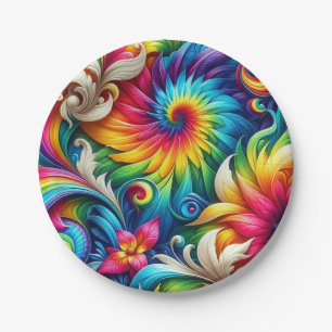 Psychedelische Regenbogen-Tie-Dye-Retro-Papiertell Pappteller